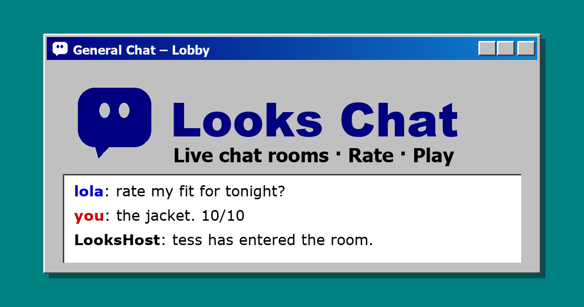 The Looks Chat General Chat window in a 90s style: a grey window with a navy title bar and chat lines
